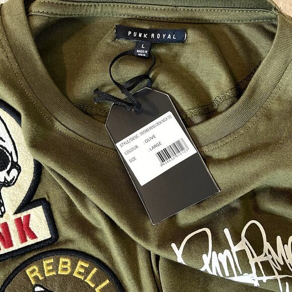 Punk Royal Men's Olive Green Graphic Print Crew Neck Tee w/ Patches Large NWT - Picture 7 of 8